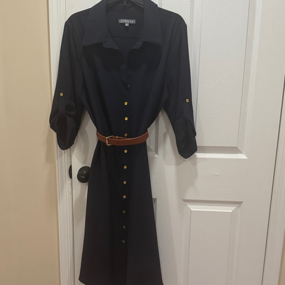 Sharagano Navy Dress with Gold Accents and Brown Belt